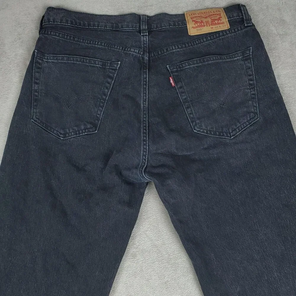 Levis 505 Jeans Mens 34x34 Gray Charcoal Wash Regular Straight Zip Fly Stretch